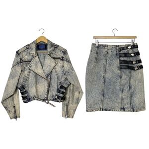 Vintage Jeanjer Acid Wash Denim Moto Jacket Cropped Biker 80s Punk Blue Medium